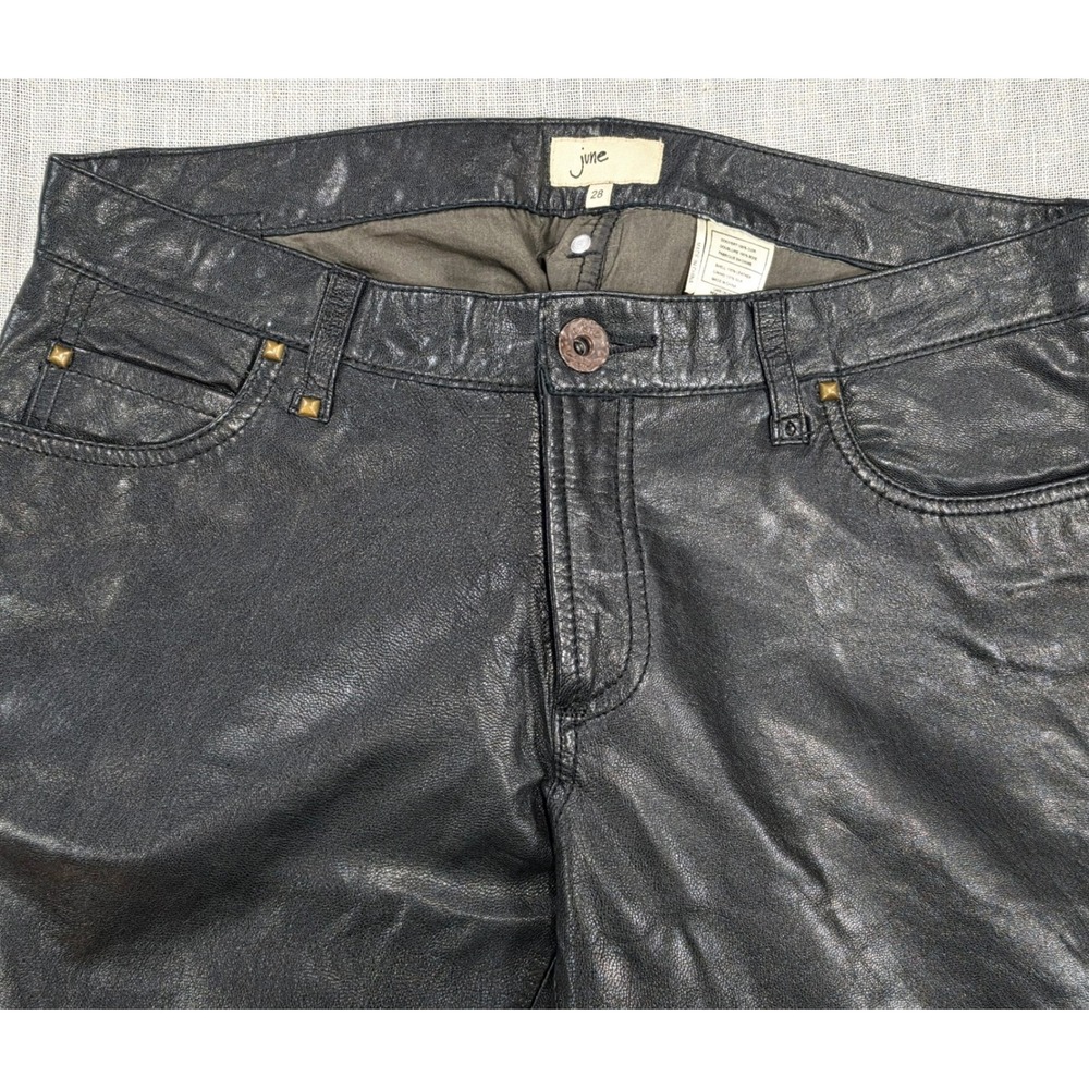 June Leather Pants Women 28 Black Good Studded Back Button Detail Straight Leg